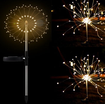 Close-up of copper wire Solar Fireworks LED Lights in starburst shape.